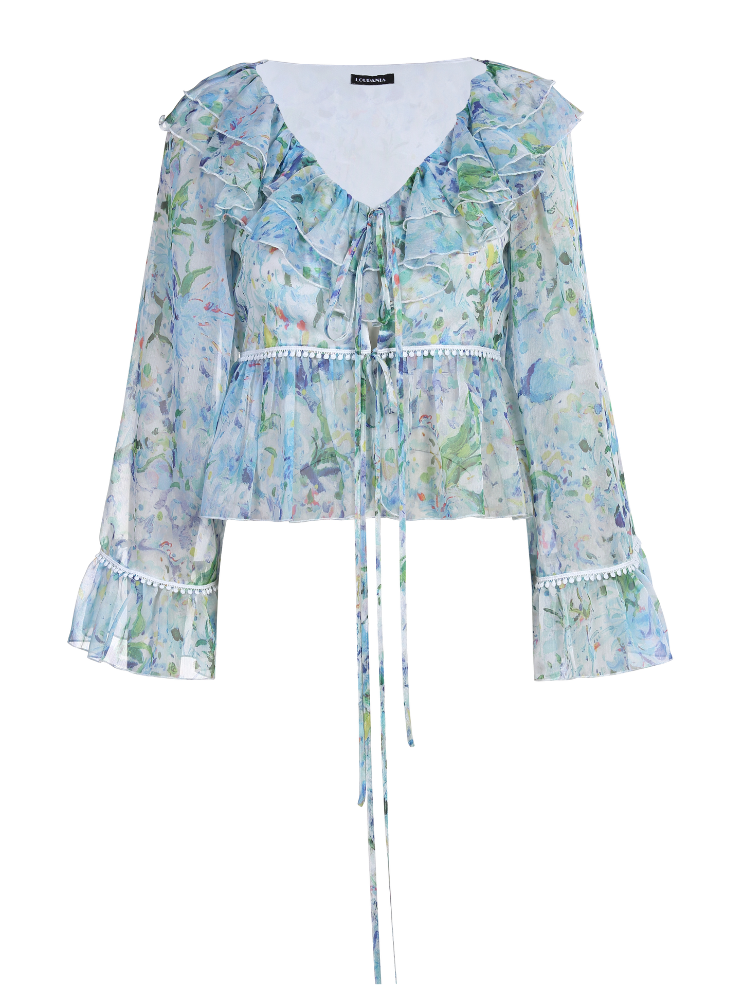 Ladies Fashion Polyester Ruffle V Neck Long Sleeve Blouse ODM