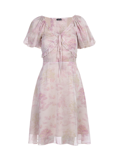 Ladies Fashion Polyester Puff Sleeves Front Tie Printed Dress ODM