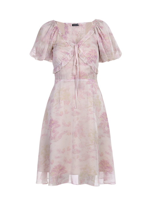 Ladies Fashion Polyester Puff Sleeves Front Tie Printed Dress ODM