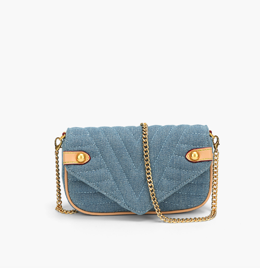 Contrast color Crossbody Bag with golden chain strap 牛仔布款鏈帶包