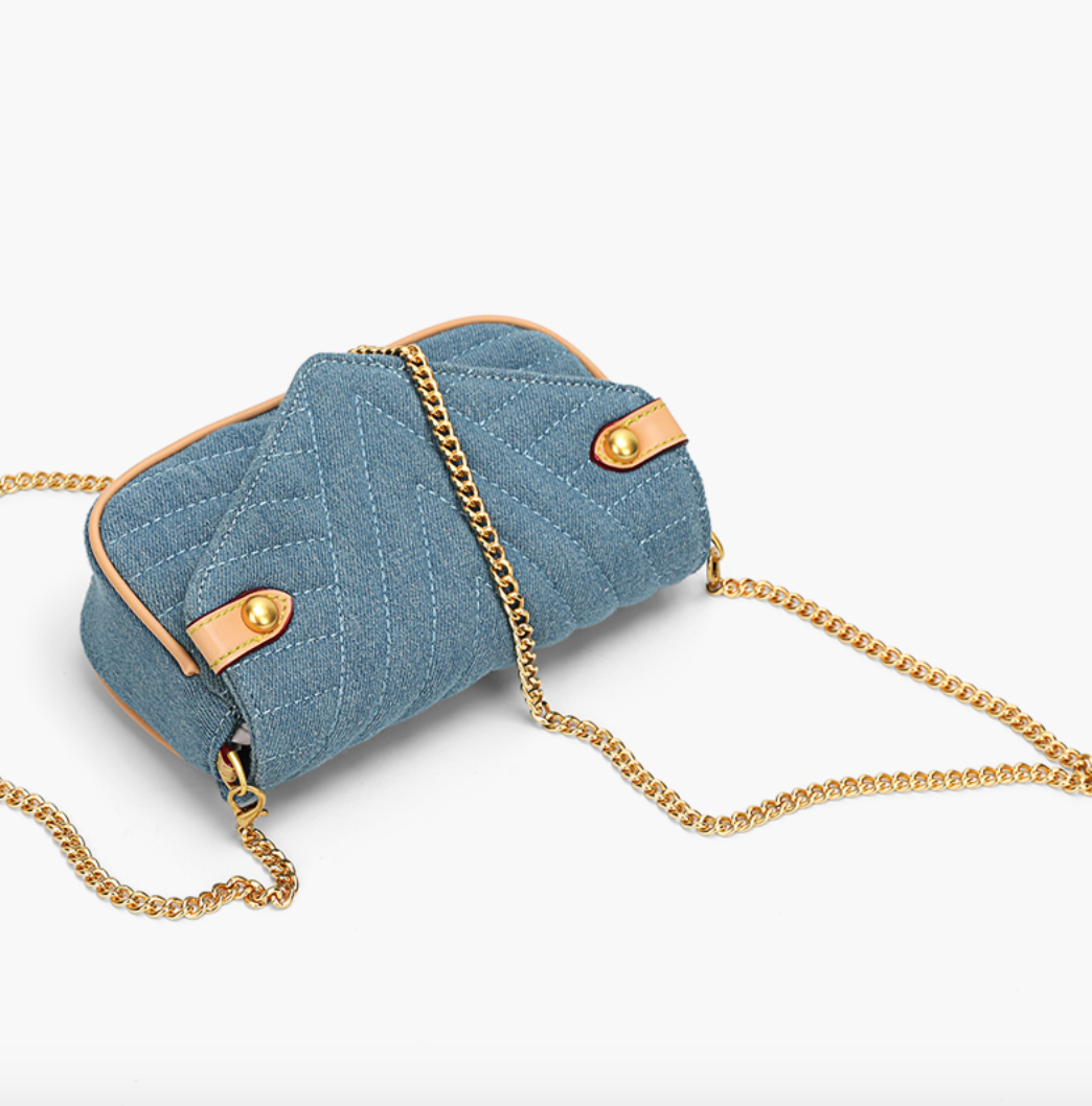 Contrast color Crossbody Bag with golden chain strap 牛仔布款鏈帶包