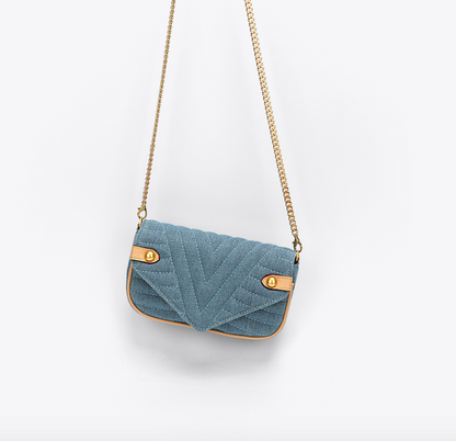 Contrast color Crossbody Bag with golden chain strap 牛仔布款鏈帶包